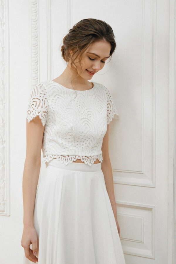 2 Piece Wedding Dress/Crop Top High-Low Skirt Bridal Separates Lace