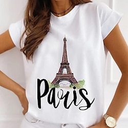 2022 new paris tower print pattern women's casual women's round neck personalized t-shirt 100% Cotton cute and simple