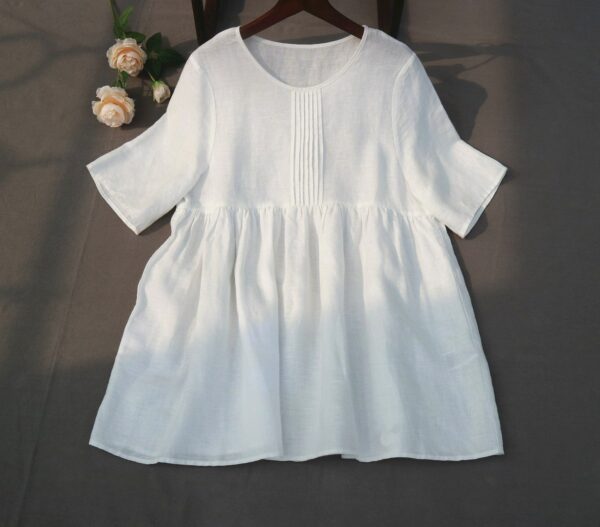 37+Color White Linen Shirt, Round Collar Loose Shirt , Women Linen Blouse Summer Short Sleeve Tops For Gift