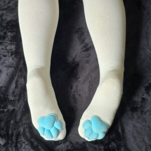 3D Puffy Fabric Blue Cat Paw Pad Socks Cute For Women Kawaii White Knee High Stockings