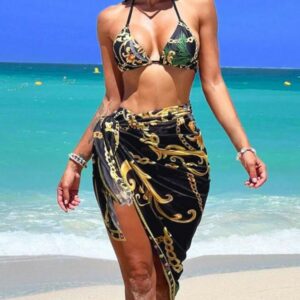 3PC Baroque Chain Print Halter Backless Bikini Set With Cover Up