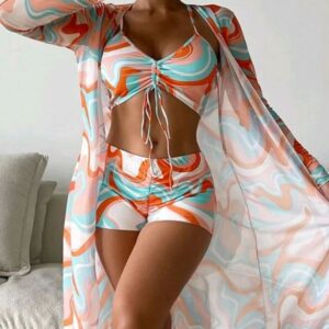 3PCS Allover Print Drawstring Bikini Set With Cover Up