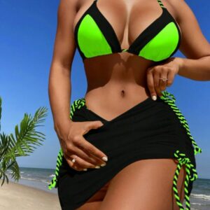 3PCS Colorblock Tied Detail Bikini Set With Cover Up Skirt