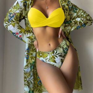 3PCS Tropical Floral Print Crisscross Bikini Set With Cover Up