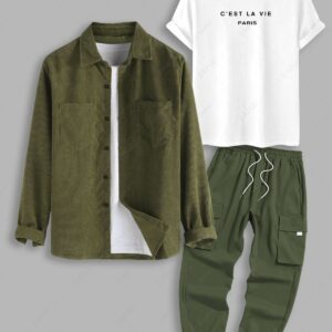 3Pcs C'EST LA VIE Letter Printed Pocket Corduroy Drawstring Techwear Cargo Pants Set Deep green