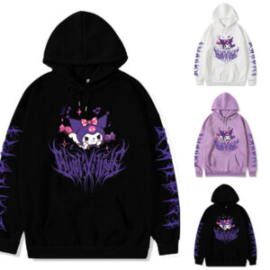 (3XL, Black) Women Cartoon Kuromi Printed Hoodie Pullover Casual Drawstring Hooded Sweatshirt Loose Tops