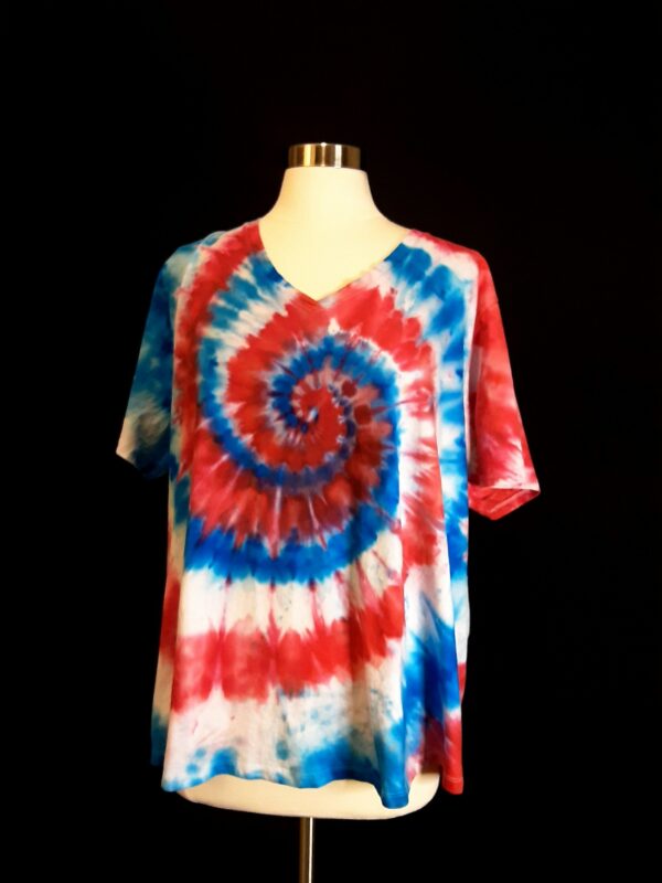 3x Ice Dye Red, White, & Blue 4Th Of July Short Sleeve V-Neck Shirt. Soft, Comfortable Cotton Tie Plus Size Top For Independence Day