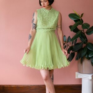 50S 60S Light Green Dress Beaded Pearl Crystal High Neck Fit & Flare Accordion Fluffy Sheer Skirt Occasion Evening Mini