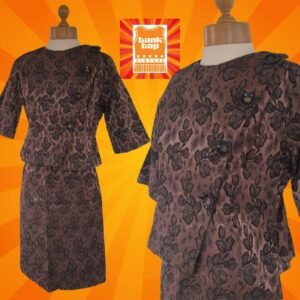 50S Copper Black Floral Rose Handmade 3 Piece Skirt Dress Asymmetrical Jacket Brocade Suit Mod Fifties UK 12