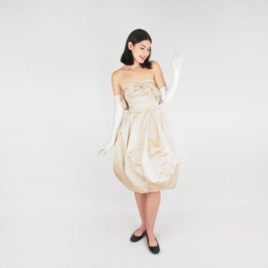 50S Gold Silk Satin Strapless Bubble Skirt Party Dress With Attached Crinoline Xs S Ruffled Top Vfg