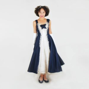 50S Navy Taffeta Circle Skirt Party Dress With White Center Panel, Crinoline Lining Xs Vfg