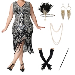 6 Pcs Flapper Dress with Accessories S-4XL Plus Size 1920s Cocktail Dress Feather Headband Earings Necklace Gloves Plastic Cigarette Holder Sequins Tassel Fringe Party Evening Prom Masquerade