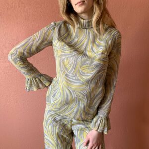 60S Ruffle Sleeve Pastel Psychedelic Geometric Printed Turtleneck Top Wide Leg Pants Palazzo Gauzy Cotton Separates Set Xs S