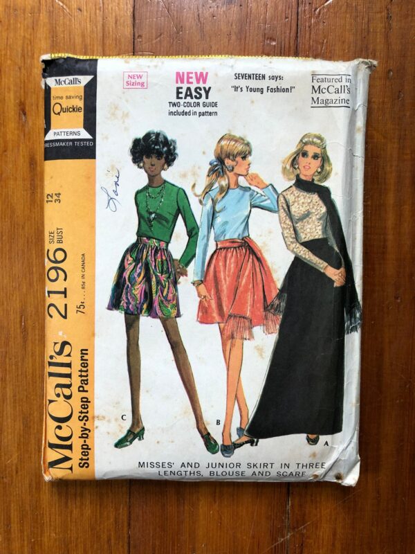 60S Top & Skirt Sewing Pattern/Vintage 1960S Maxi Scarf Blouse Women's Size 12, Bust 34 Mccalls 2196