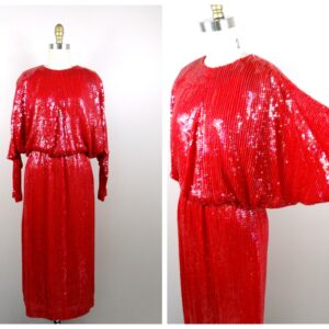 70S 80S Bright Sequined Midi Gown/All Sequin Embellished Red Dress Oversized Dolman Sleeve Evening with Cinched Waist