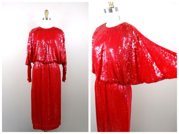 70S 80S Bright Sequined Midi Gown/All Sequin Embellished Red Dress Oversized Dolman Sleeve Evening with Cinched Waist