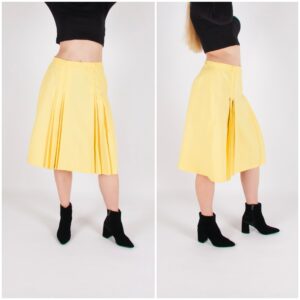 70S Box Pleat Skirt Women's Medium Vintage Waist 31 Pastel Yellow A Line Over Knee Pleated Midi A-Line M