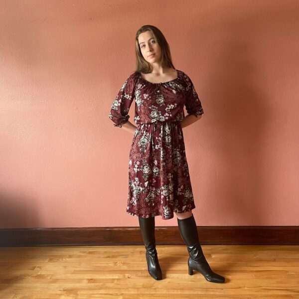 70S Burgundy Red Wine Floral Dress Tie Puff Peasant Sleeve Off-The-Shoulder Cinched Waist Midi Blousy