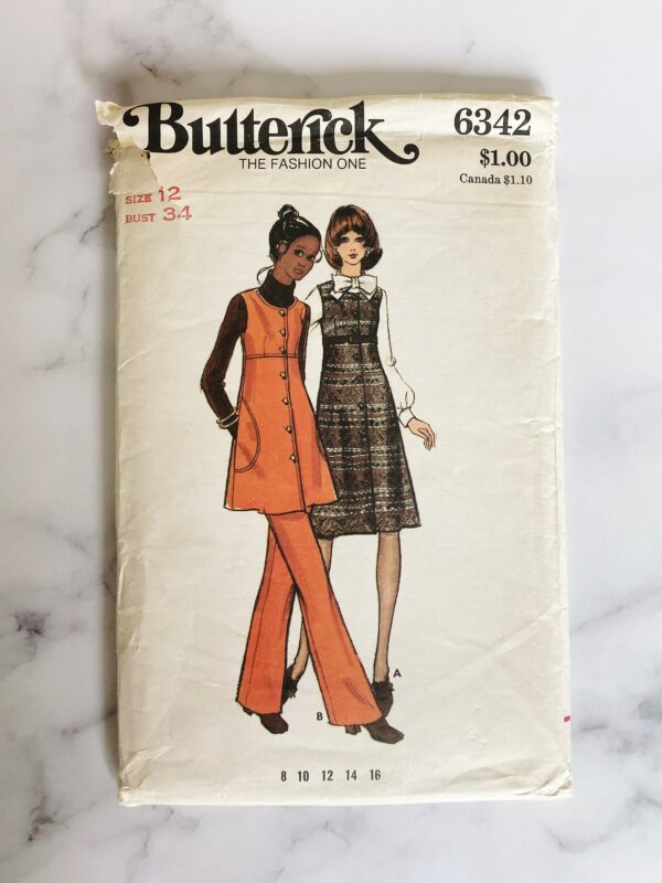 70S Butterick 6342. 34 Bust. Retro Buttoned Jumper Dress Or Tunic With Pockets & Wide Leg Pants 1970S Vintage Sewing Pattern