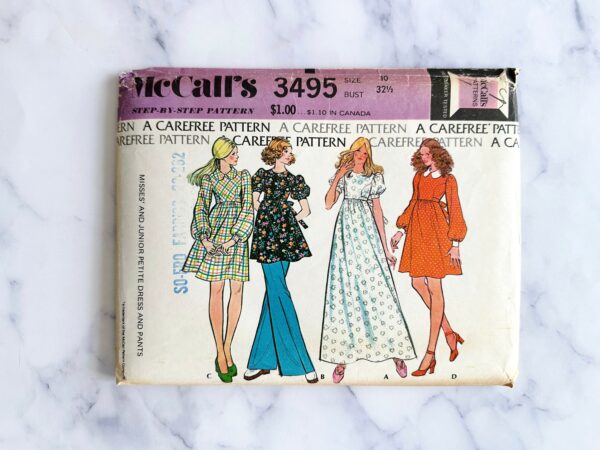 70S Mccalls 3495. 32.5 Bust. Retro Boho Collar Babydoll Dress Empire Waist. Short Puff Sleeves. Maxi Dress. 1970S Vintage Sewing Pattern