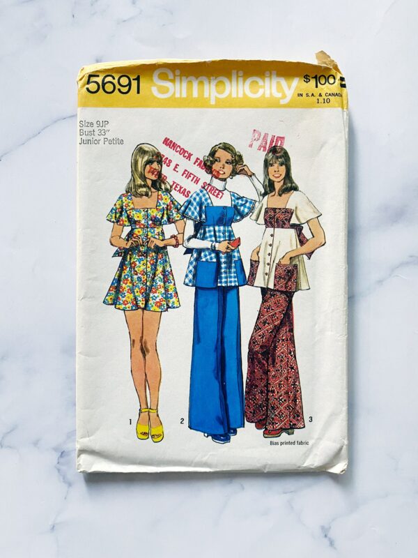 70S Mccalls 5691. 33 Bust Ff. Babydoll Empire Waist Flutter Sleeve Tunic Dress Wide Leg Pants. Patch Pockets. 1970S Vintage Sewing Pattern