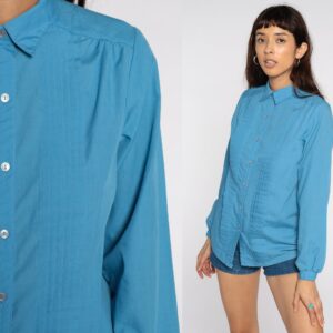 80S Blue Shirt Vintage Pleated Top Button Up Retro Blouse 1980S Long Sleeve Plain Basic Medium 36