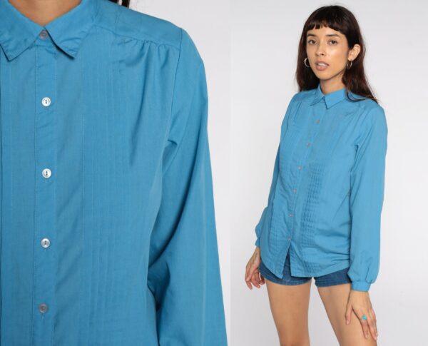 80S Blue Shirt Vintage Pleated Top Button Up Retro Blouse 1980S Long Sleeve Plain Basic Medium 36