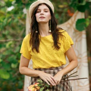 80S Bright Yellow Eyelet Cotton Blouse Vintage Short Sleeve Embroidered Crop Top