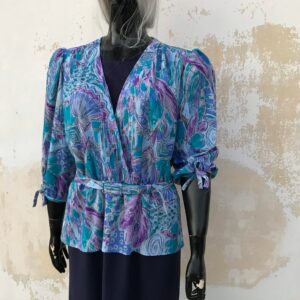 80S Cross Party Kitschy Bold Floral Dress, Featuring Peplum Blouse & Flared Skirt in Watercolored Light Blue Black By Chevry, England