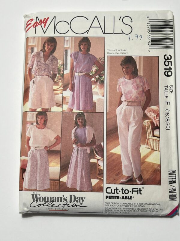 80S Easy Skirt, Shorts, Pants, & Culottes Pattern, High Waisted Woman's Day Collection, Mccall's 3519, Size 16-18-20, Uncut