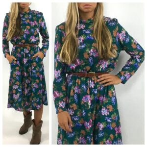 80S Green Floral Long Sleeve Dress Purple Full Skirt Midi Pockets Cotton Party Vintage Xs S