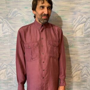 80S Men's Silk Shirt Marsala Red Hipster Singlet Long Sleeve Purple Summer Button Up Festival Chemise Medium Size