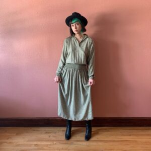 80S Midi Dress Silk Long Sleeve Gathered Skirt Collared Button Down Cinched Waist Gray Pattern Fall