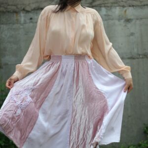 80S Pleated Silk Blouse Pastel Peach Color Button Up Long Sleeve Slouchy Romantic Top Oversized Flowy Bridal Shirt