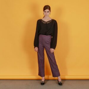 80S Purple Knit Textured Trousers Vintage Stretch Knitted Pants