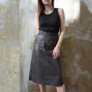 80S Vintage Leather Skirt | Minimalist Grey Skirt, High Waist A-Line Retro Statement Below Knee Midi S - M