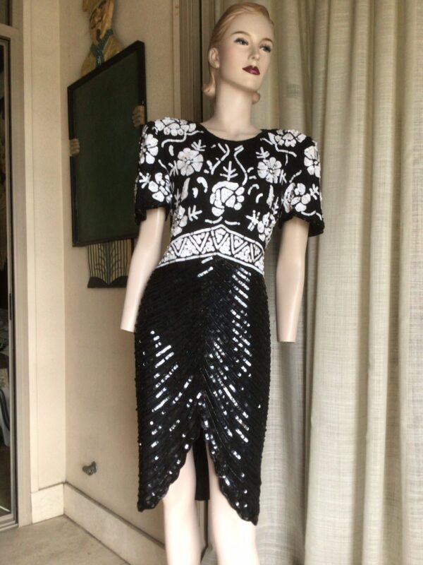 80S Vtg Trophy Beaded Black & White Floral Dress With Sequin Fishtail Skirt S