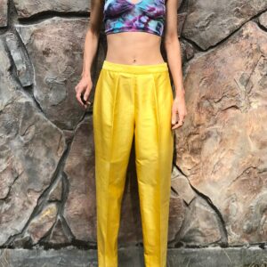 80S Yellow Raw Silk Taffeta High Waist Tailored Trousers Pants