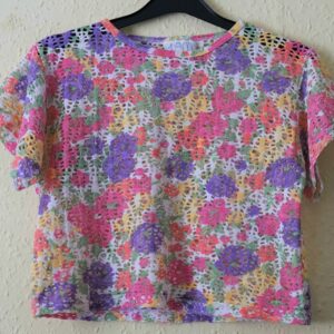 80S/90S Textured/Cut-Out/Lace Colourful Floral Grunge Baby T-Shirt, Hippy/Boho/Festival/Chic/Lolita Net/Mesh Top