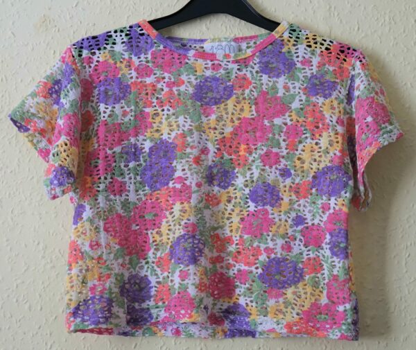 80S/90S Textured/Cut-Out/Lace Colourful Floral Grunge Baby T-Shirt, Hippy/Boho/Festival/Chic/Lolita Net/Mesh Top