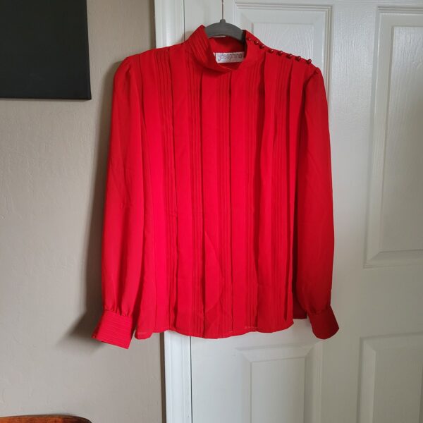 80S/90S Vintage High Neck Pleated Long Sleeve Top With Shoulder Buttons & Buttoned Cuffs - Gathered By Josephine