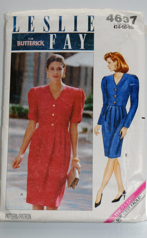 80's Butterick Pattern By Leslie Fay, Fitted Bodice Dress Beautifully Pleated Sleeve, Skirt Pat. No.4697 Size 8-10-12