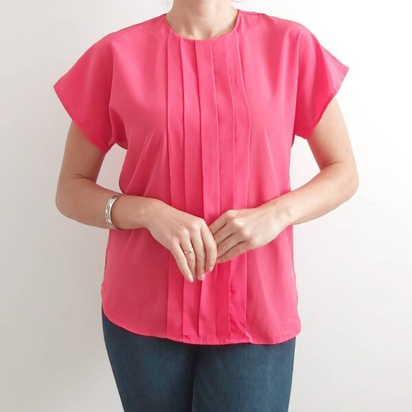 80's Vintage Fuchsia Pink Pleated Blouse // Short Sleeve Summer Top Medium