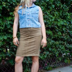 90S 00S Tan Brown Denim Pencil Skirt Country Western Prairie Frontier Old West Boho High Waist Sheath Leather Belt Buckle Ralph Lauren 27