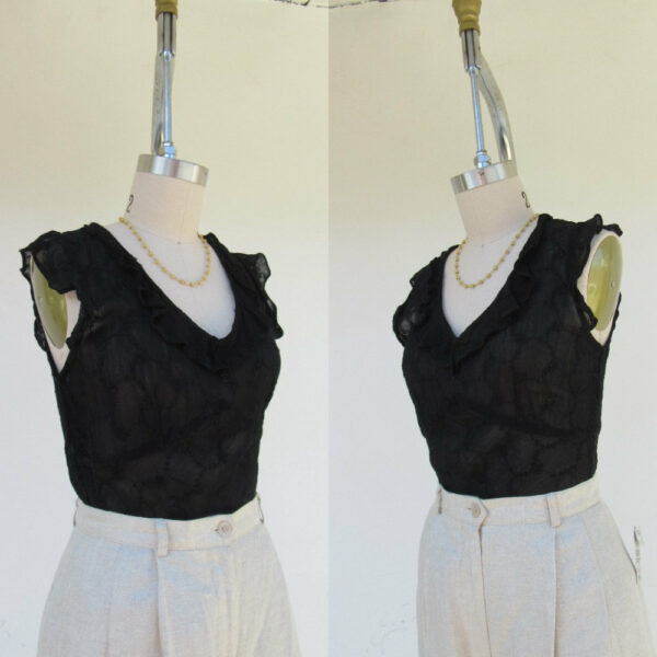 90S Black Semi Sheer Flutter Sleeve Blouse Top Shirt | Floral Embroidered On Sleeveless S