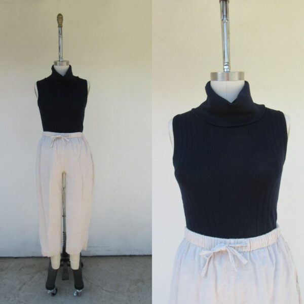 90S Navy Blue Knit Wide Ribbed Rollneck Sleeveless Top | Minimal Shell Sweater Size L