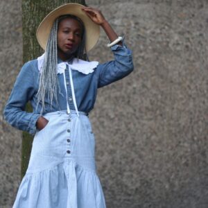 90S Striped Summer Skirt| Vintage Women's Blue & White Peplum Denim Skirt