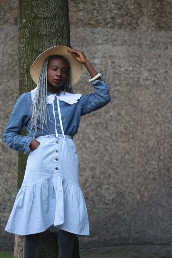 90S Striped Summer Skirt| Vintage Women's Blue & White Peplum Denim Skirt