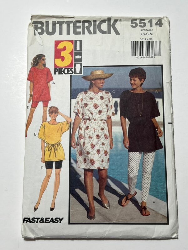 90S Very Easy Dress, Top, & Leggings Pattern, Loose Fitting Dress With Drawstring Waist, Butterick 5514, Sizes Xs-S, Cut