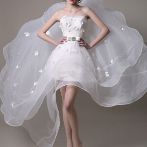 A Line Organza Short Wedding Dress Strapless Flowers Beaded Bow Lace Up Bridal Dress With Chapel Train